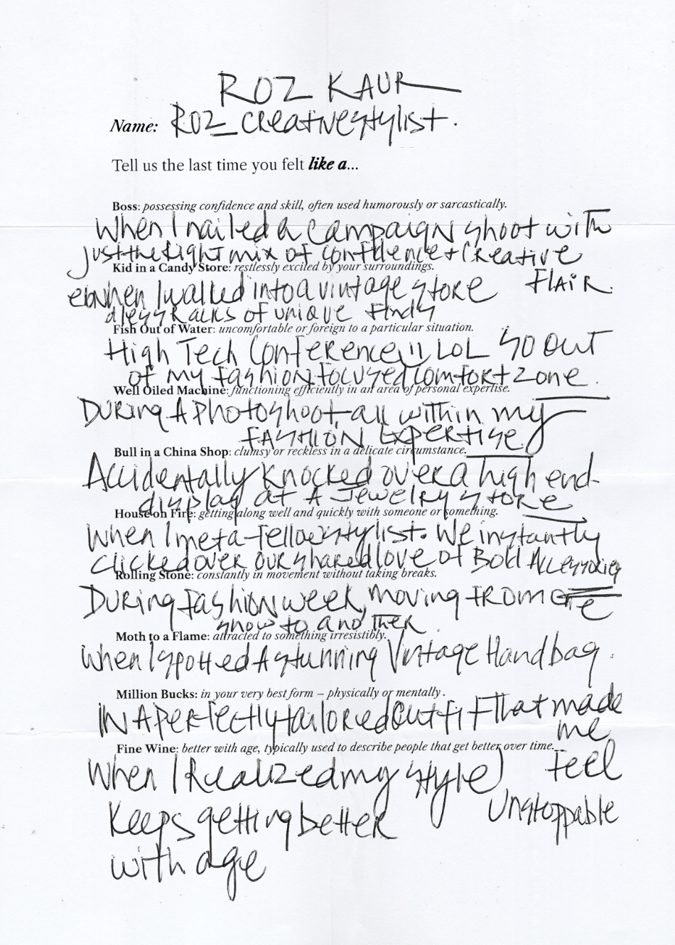 Handwritten questionnaire signed Roz Kaur, Creative Stylist, answering prompts like 'Tell us the last time you felt like a Boss, Kid in a Candy Store, Fish Out of Water' with her personal answers.