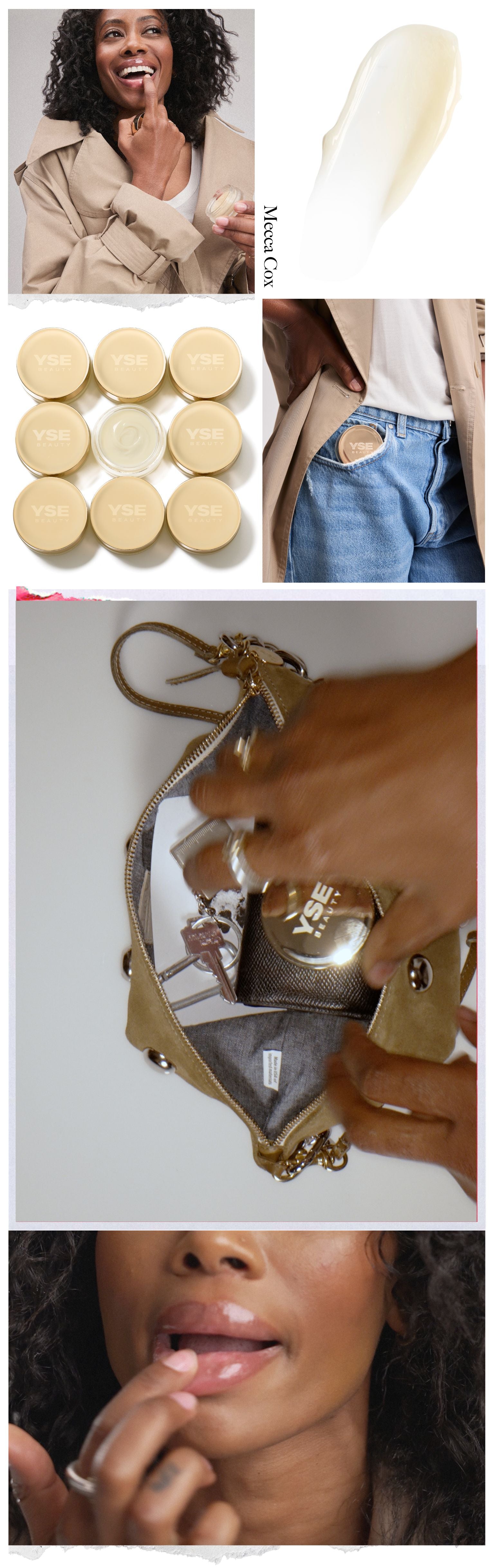 Collage of Mecca Cox applying and carrying a YSE Beauty lip balm: smiling with the balm, its texture swatched, tins arranged in a grid, tucked into a jacket pocket, pulled from a handbag, and close up on her lips.