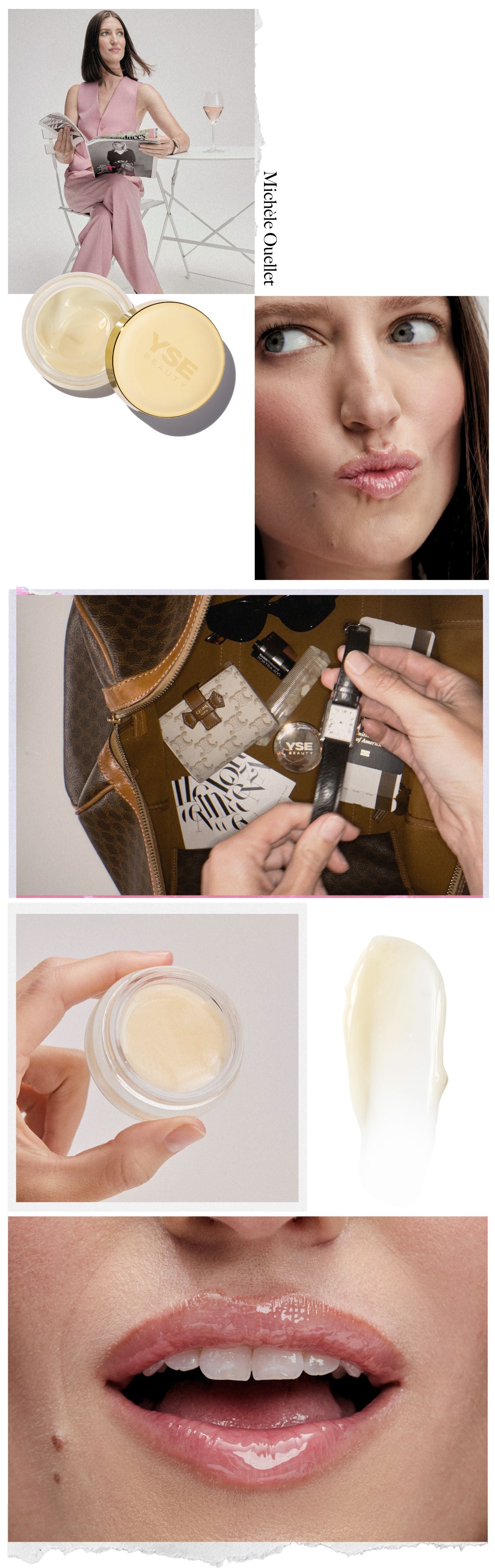 Collage of Michèle Ouellet reading at a cafe table and using a YSE Beauty lip balm: its texture swatched, tucked into a handbag, held between her fingers, and close up on her lips.