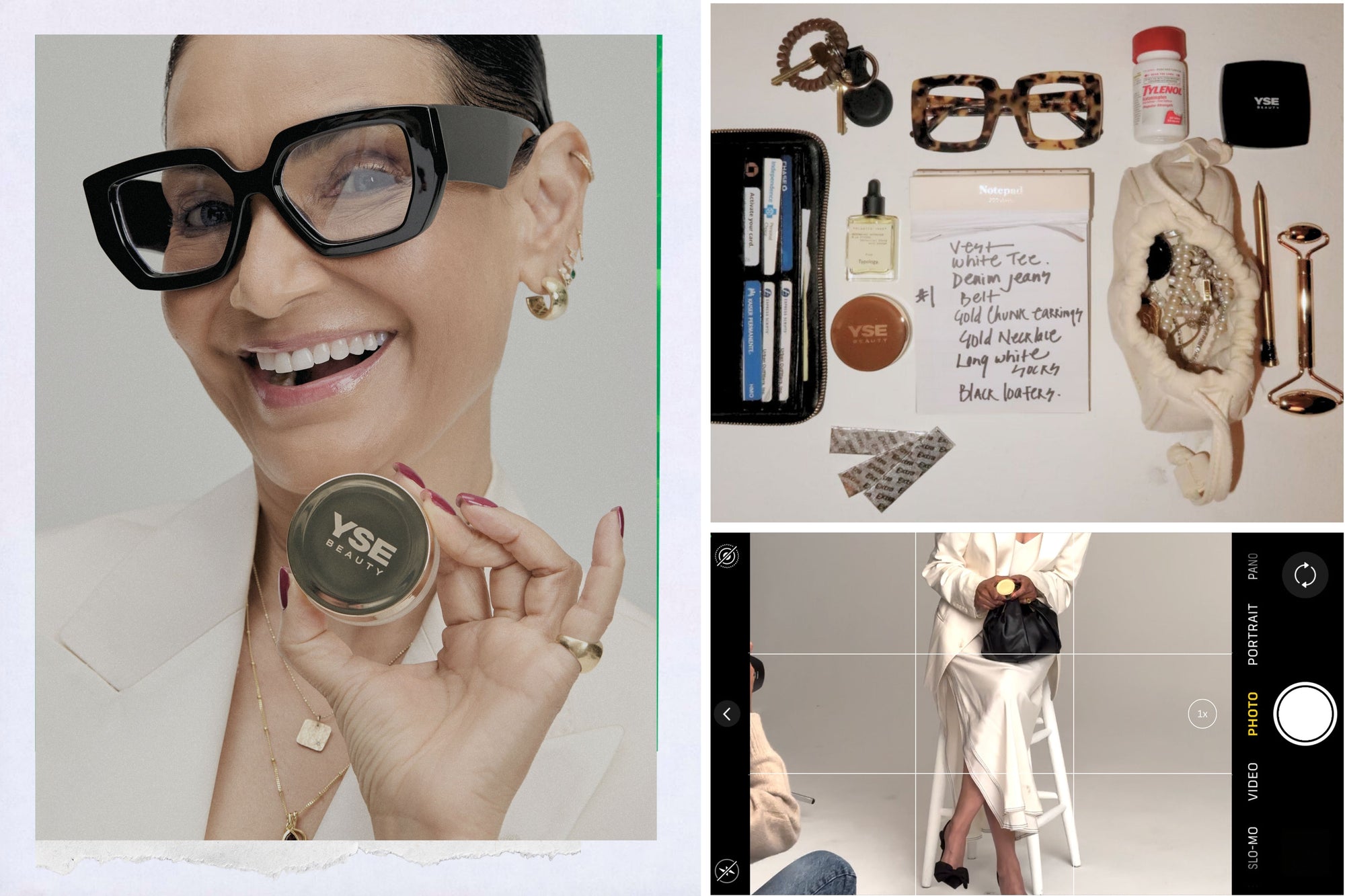 Collage of Roz Kaur smiling in black glasses holding a YSE Beauty tin, a flat-lay of her accessories and handwritten outfit checklist, and a behind-the-scenes photoshoot screenshot.