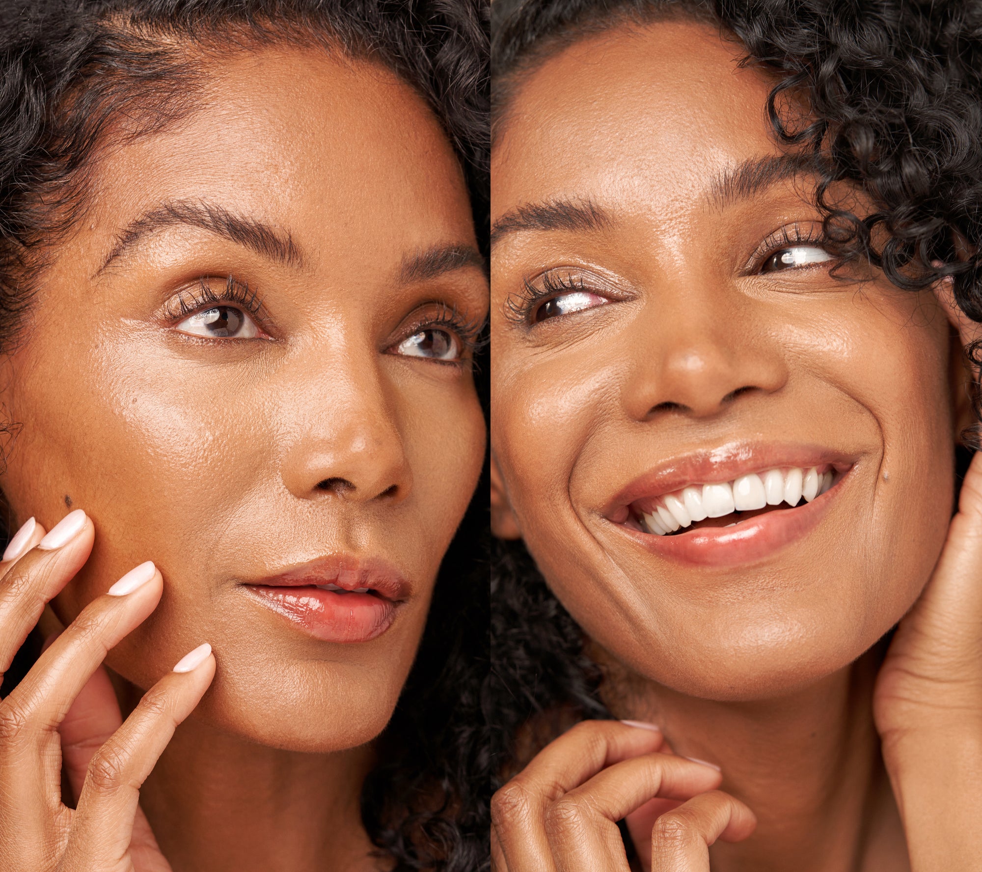 Side-by-side comparison of two women's radiant, glowing skin