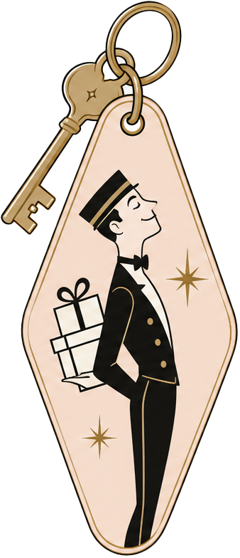 Illustrated hotel key fob with a bellhop carrying stacked gift boxes