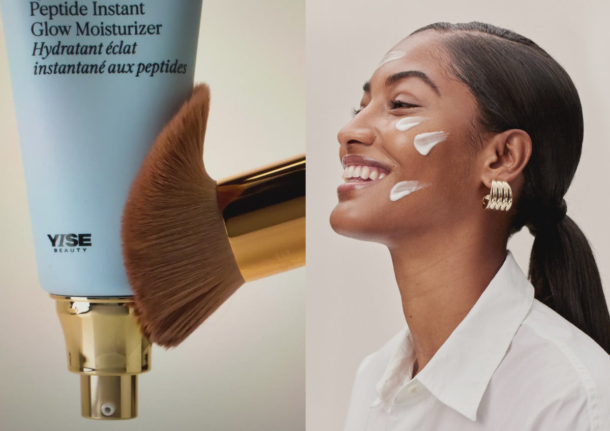 The Xtremely Quenched tube being swept with a makeup brush, beside a smiling model wearing the moisturizer.