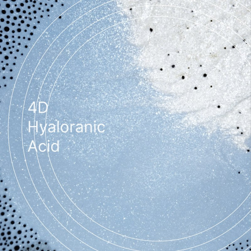 A blue textured swirl representing 4D hyaluronic acid hydration.